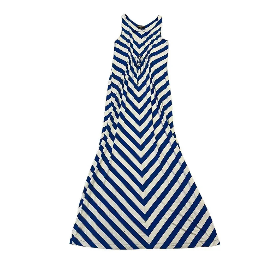 Tommy Bahama Women's Small Blue/White Sleeveless High Neck Chevron‎ Maxi Dress